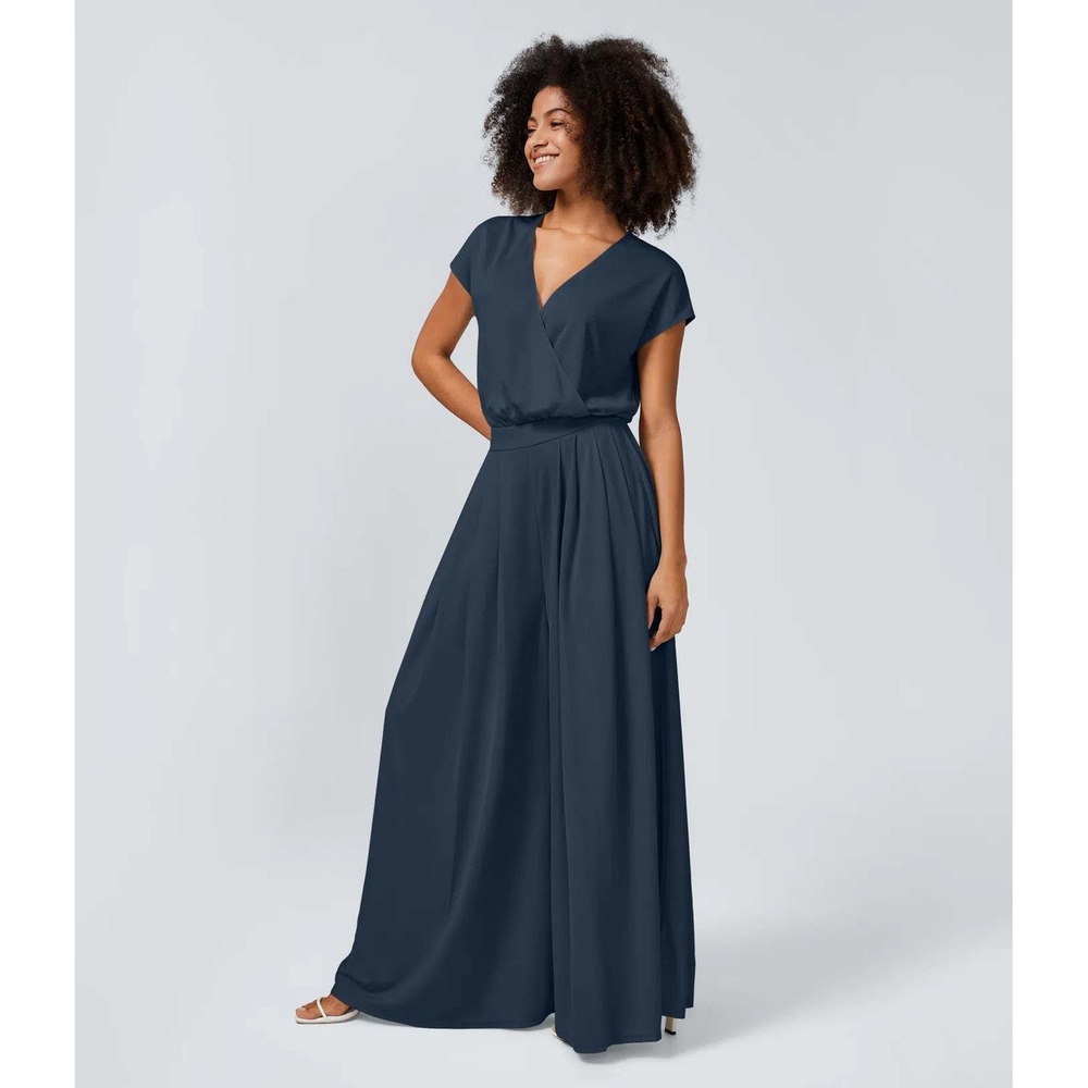 Halara Jumpsuit Short Sleeve Navy Blue Wide Leg Surplice V-Neck Large NWT